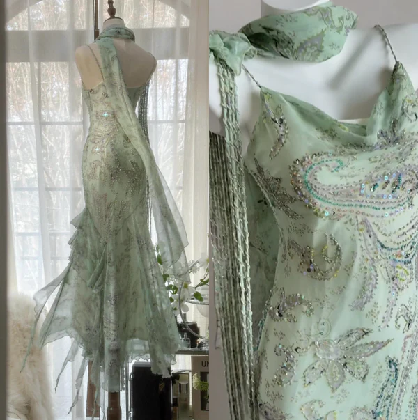 Fairytale Pink Spaghetti Straps Mermaid Evening Gowns Vintage Elegant Beaded Silk Long Prom Dress Guest Dresses