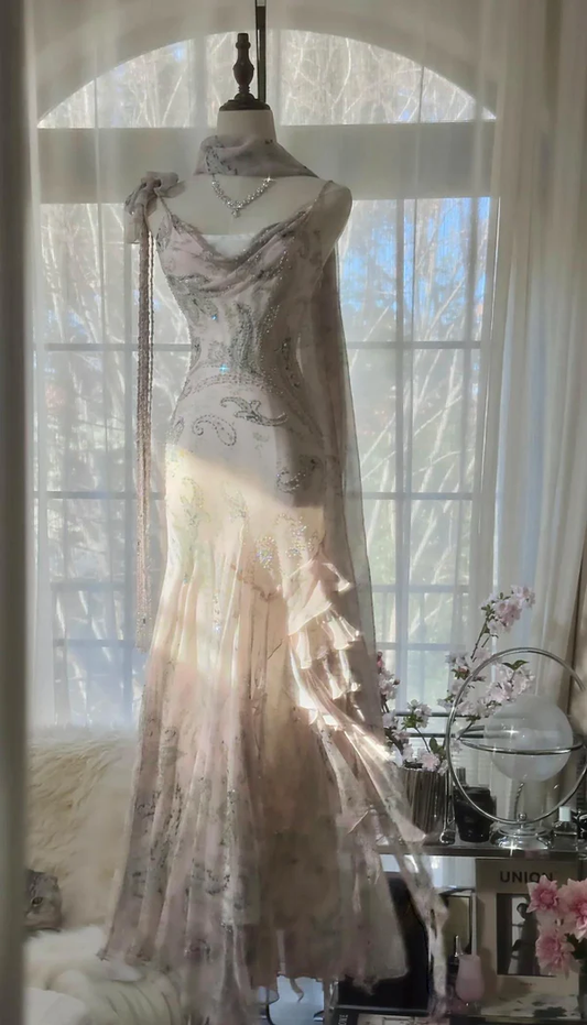 Fairytale Pink Spaghetti Straps Mermaid Evening Gowns Vintage Elegant Beaded Silk Long Prom Dress Guest Dresses