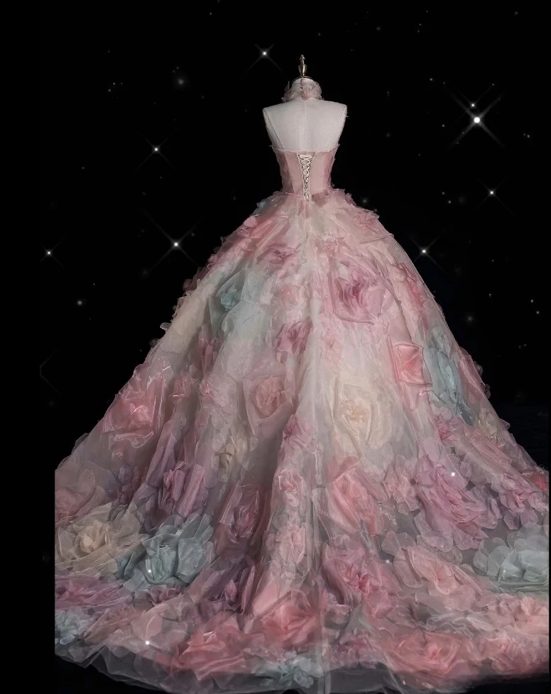 Fashion Ball Gown Strapless Pink Floral Floor Length Evening Dress Prom Dresses