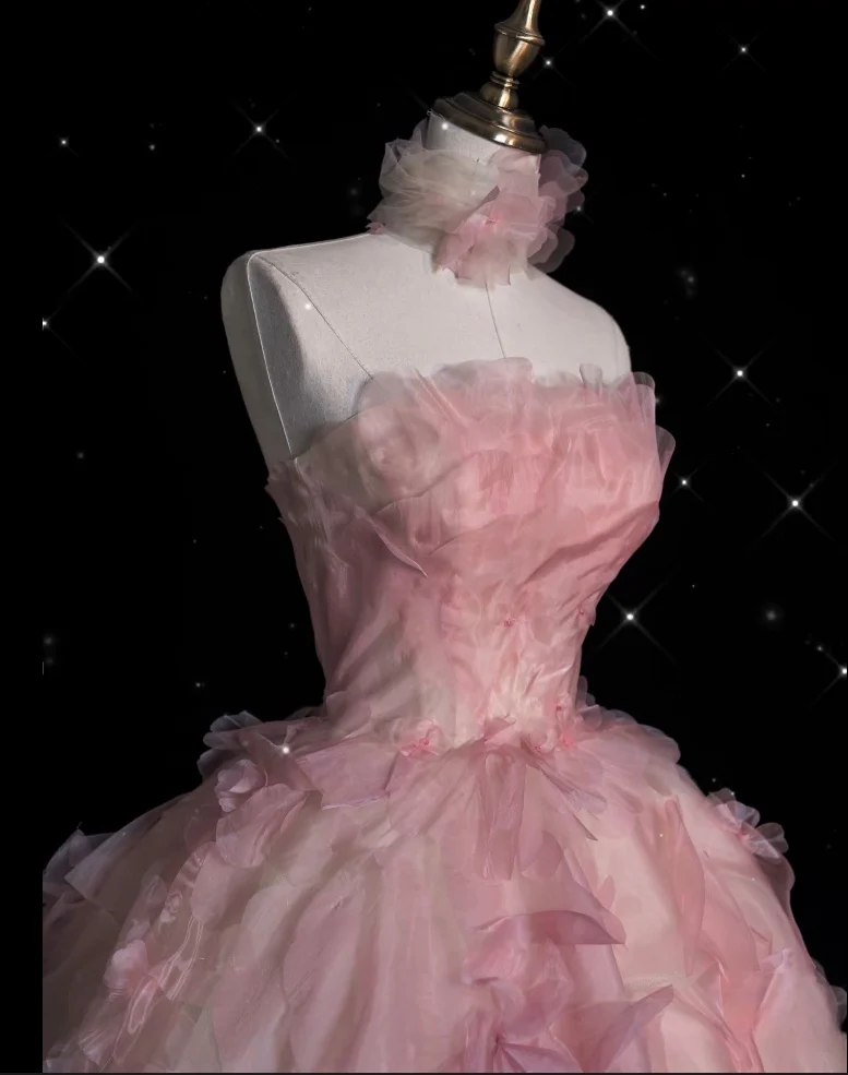 Fashion Ball Gown Strapless Pink Floral Floor Length Evening Dress Prom Dresses