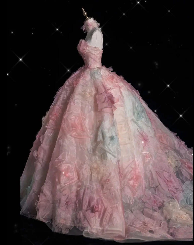 Fashion Ball Gown Strapless Pink Floral Floor Length Evening Dress Prom Dresses