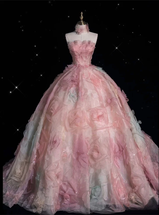 Fashion Ball Gown Strapless Pink Floral Floor Length Evening Dress Prom Dresses