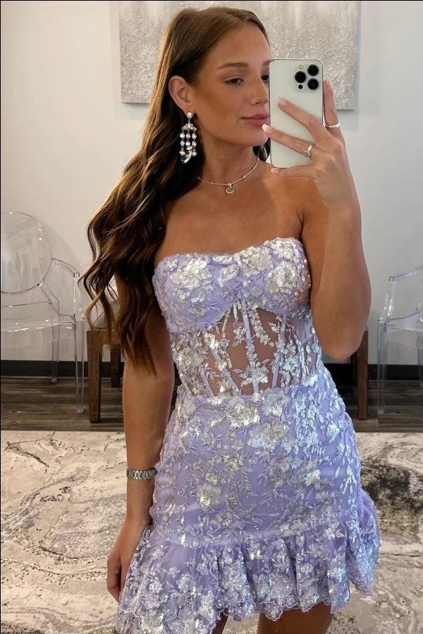 Fitted Strapless Fully Sequins Appliques Pleated Ruffles Homecoming Dress