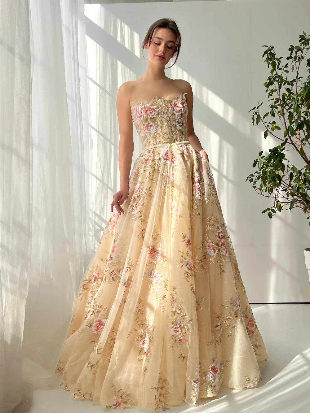 Floral Formal Evening Dress Women Strapless Spaghetti Straps Lace-up Back A Line Gown For Prom Wedding Guest Graduation Party