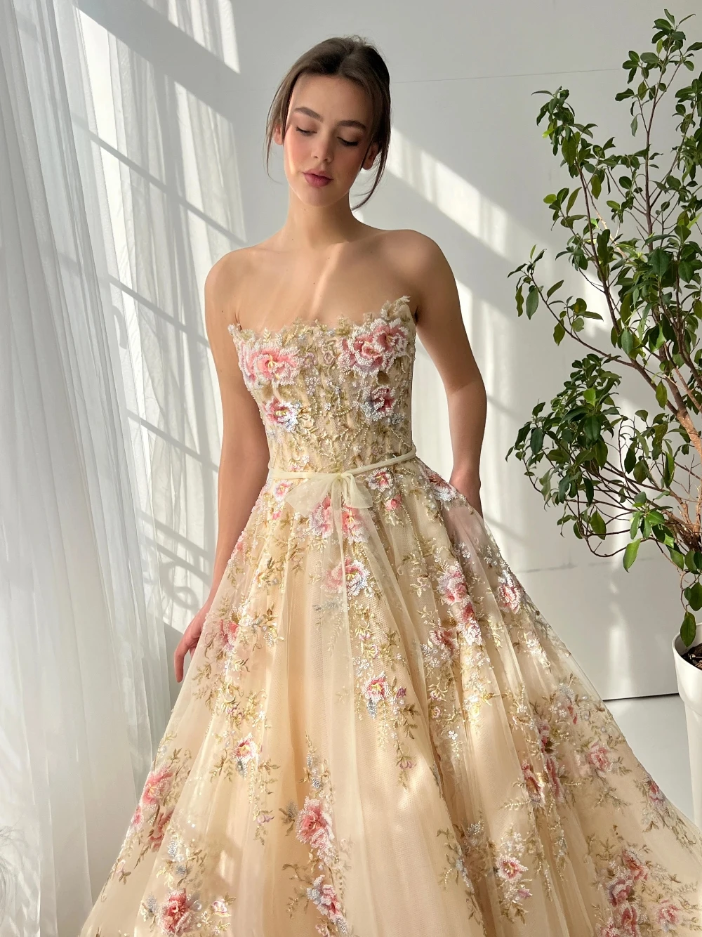 Floral Formal Evening Dress Women Strapless Spaghetti Straps Lace-up Back A Line Gown For Prom Wedding Guest Graduation Party