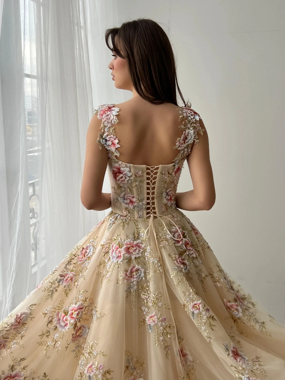 Floral Formal Evening Dress Women Strapless Spaghetti Straps Lace-up Back A Line Gown For Prom Wedding Guest Graduation Party
