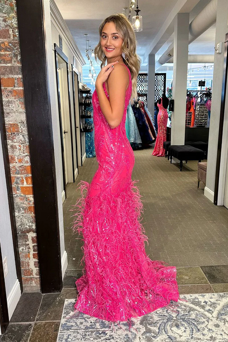 Fuchsia V Neck Sequins Lace Mermaid Long Prom Dresses with Feather