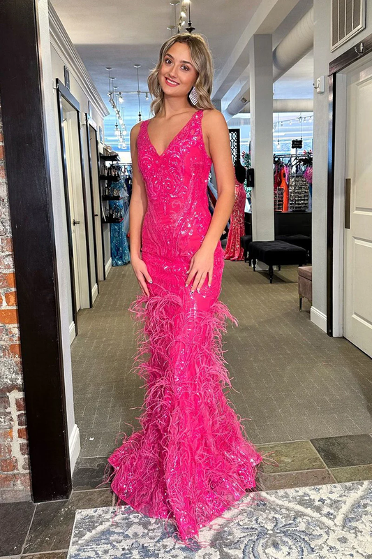 Fuchsia V Neck Sequins Lace Mermaid Long Prom Dresses with Feather