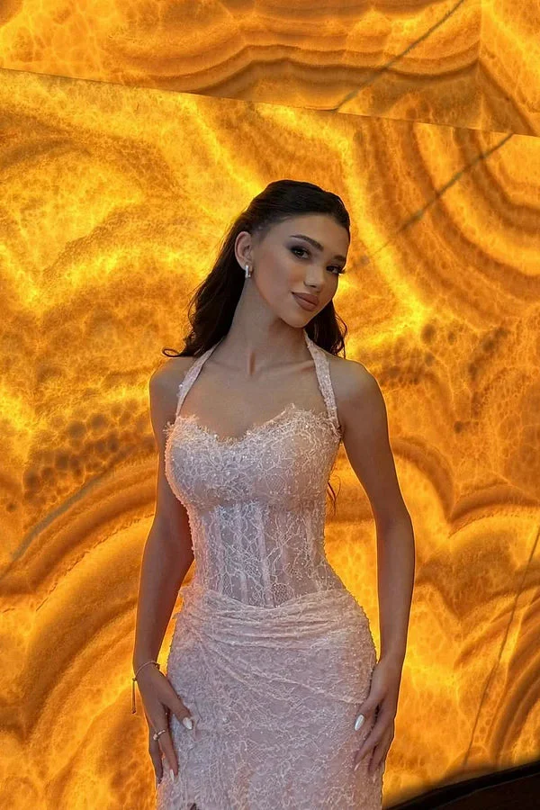 Glamorous Pink Sweetheart Halter Sleeveless Lace Prom Dress Mermaid Sheath With High Split