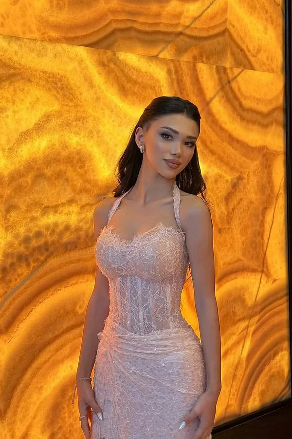 Glamorous Pink Sweetheart Halter Sleeveless Lace Prom Dress Mermaid Sheath With High Split