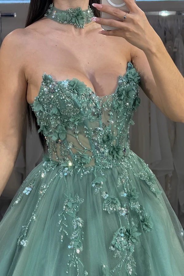 Glitter A-Line Sweetheart Neck Sleeveless 3D Flower Appliques Beaded Sequins Tulle Prom Party Dress Formal Evening Gown