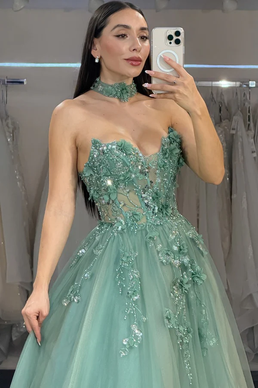 Glitter A-Line Sweetheart Neck Sleeveless 3D Flower Appliques Beaded Sequins Tulle Prom Party Dress Formal Evening Gown
