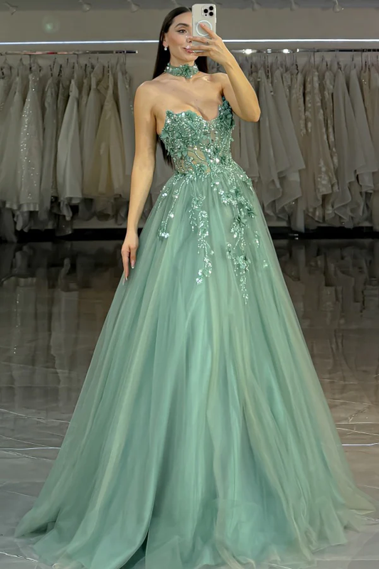 Glitter A-Line Sweetheart Neck Sleeveless 3D Flower Appliques Beaded Sequins Tulle Prom Party Dress Formal Evening Gown