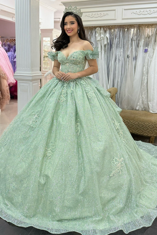 Glittery Tulle Lace Beaded Sweet 16 Quinceanera Dresses Off Shoulder Party Gowns