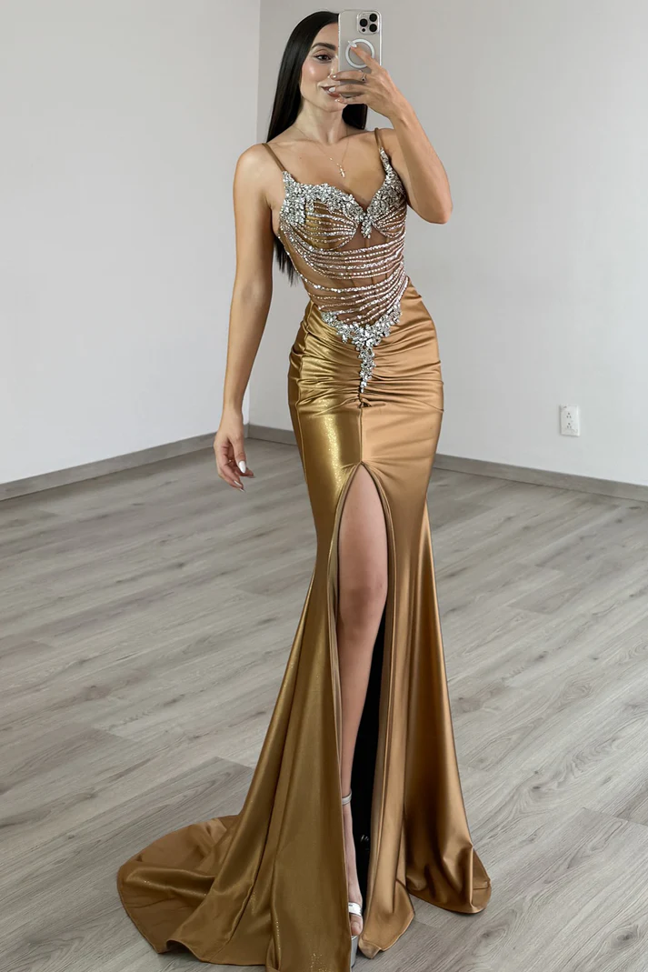 Gold Satin Beaded Long Prom Dresses for Women Mermaid Evening Gowns