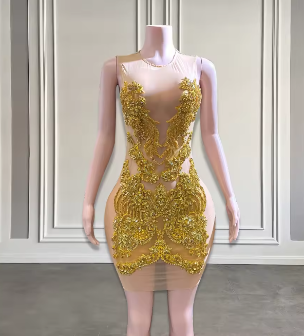Gold Short Prom Dresses Rhinestones Scoop Neck 2025 Birthday Luxury Dress Black Girl Mini Cocktail Gowns Customized