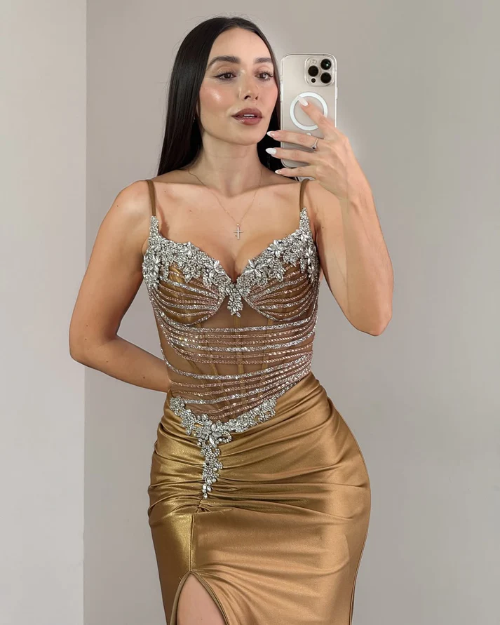 Gold Satin Beaded Long Prom Dresses for Women Mermaid Evening Gowns