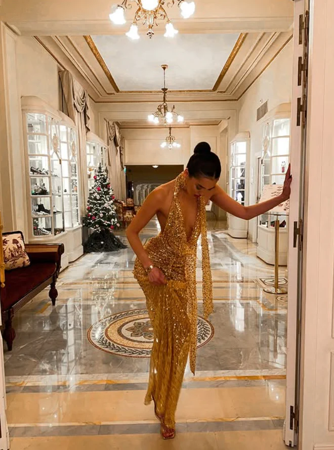 Golden Sheath V Neck Sequin Long Prom Dress Birthday Dress Evening Dress