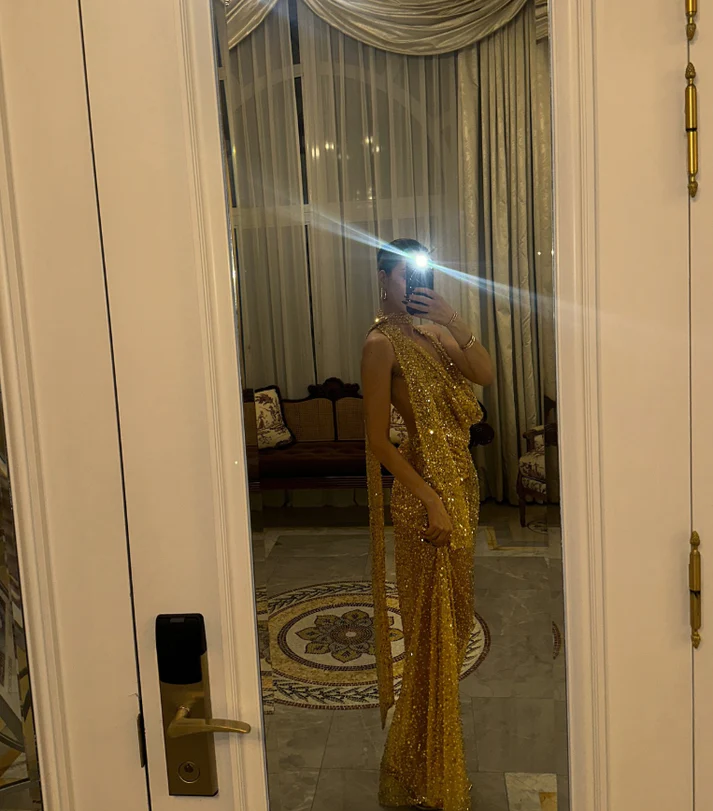 Golden Sheath V Neck Sequin Long Prom Dress Birthday Dress Evening Dress