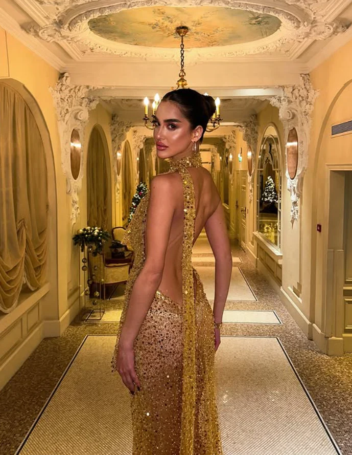 Golden Sheath V Neck Sequin Long Prom Dress Birthday Dress Evening Dress