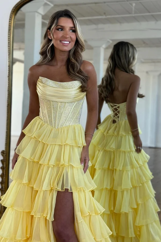 Gorgeous A-Line Boat Neck Sleeveless Pleated Beaded Chiffon Tiered High Side Slit and Train Evening Formal Gown Prom Dress Cocktail Dress