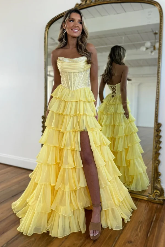 Gorgeous A-Line Boat Neck Sleeveless Pleated Beaded Chiffon Tiered High Side Slit and Train Evening Formal Gown Prom Dress Cocktail Dress