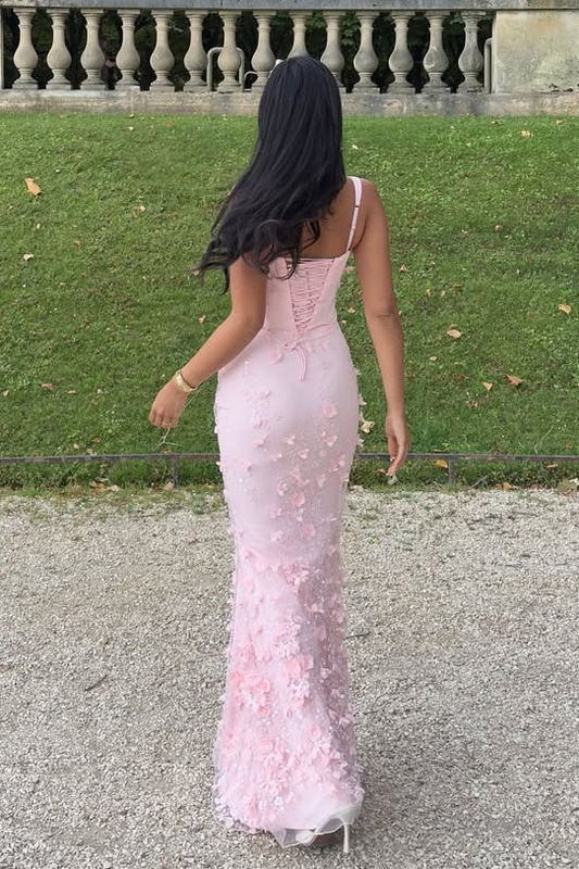 Gorgeous Mermaid Square Neck Pink Long Prom Dress with Flowers