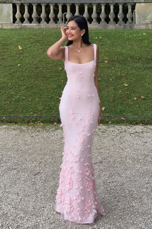 Gorgeous Mermaid Square Neck Pink Long Prom Dress with Flowers