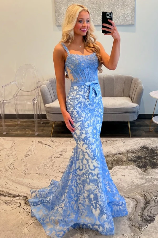 Gorgeous Mermaid Sweetheart Neck Straps Sleeveless Fully Floral Lace Appliques Prom Dress Bow Knot Open Back Floor Length Evening Party Dress