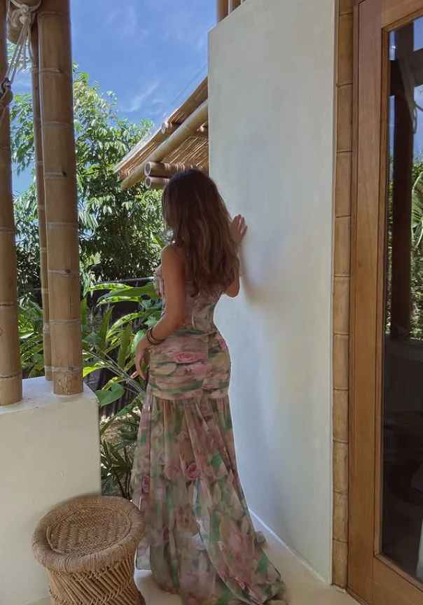 Green Mermaid Spaghetti Strap Print Floral Corset Tulle Prom Dress Party Dress