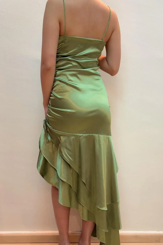 Green Spaghetti Straps Ruffles Sleeveless Long Prom Dress with Slit