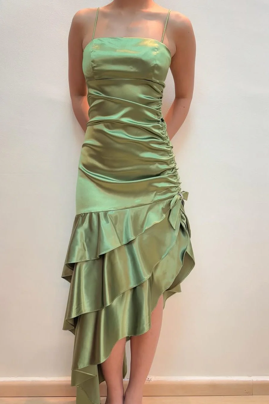 Green Spaghetti Straps Ruffles Sleeveless Long Prom Dress with Slit