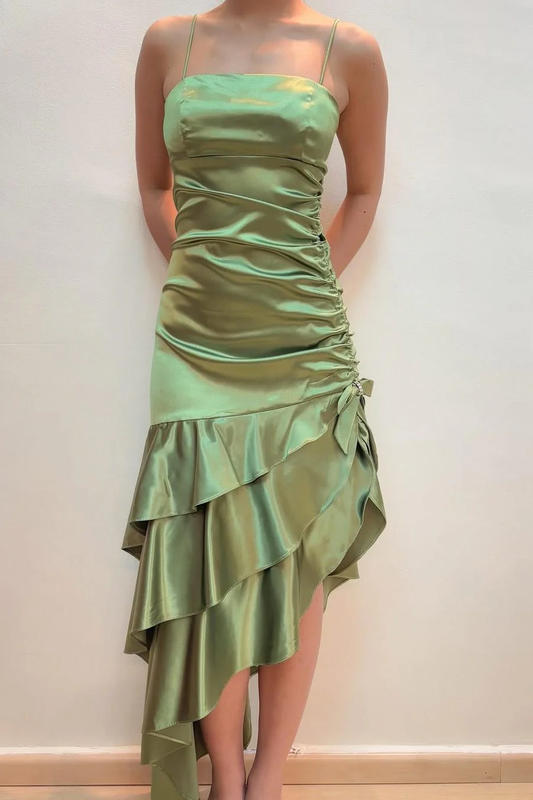 Green Spaghetti Straps Ruffles Sleeveless Long Prom Dress with Slit