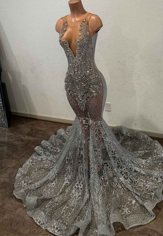 Grey Sparkly Appliques Sheer Beaded Mermaid Prom Dress for Black Girls