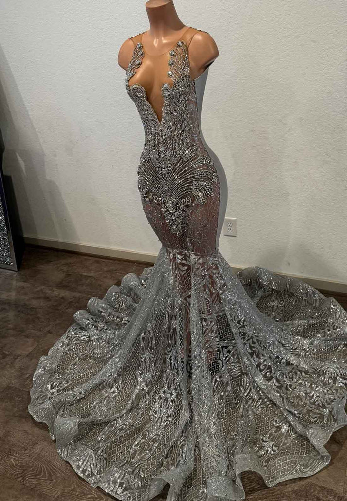 Grey Sparkly Appliques Sheer Beaded Mermaid Prom Dress for Black Girls