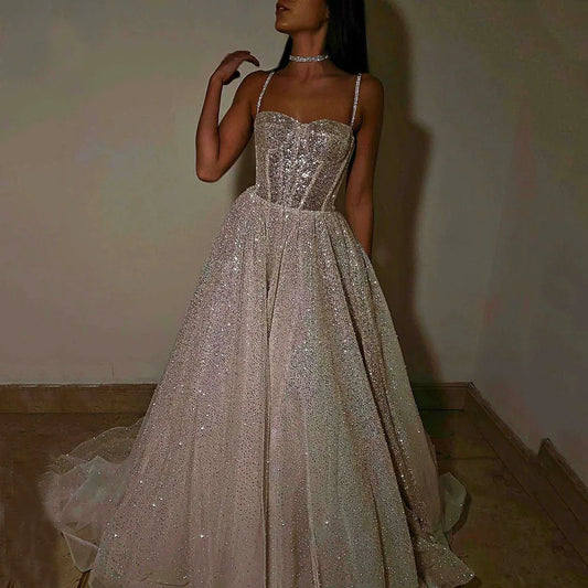 Customized Glitter Wedding Dresses Tulle Spaghetti Straps Sweetheart Sparkle Bride Gowns Lace-up A-line