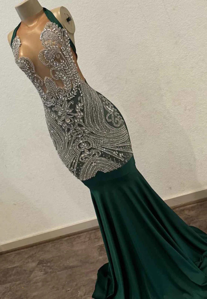 Halter V-Neck Beaded Pleatedd Mermaid Prom Dress for Black Girls