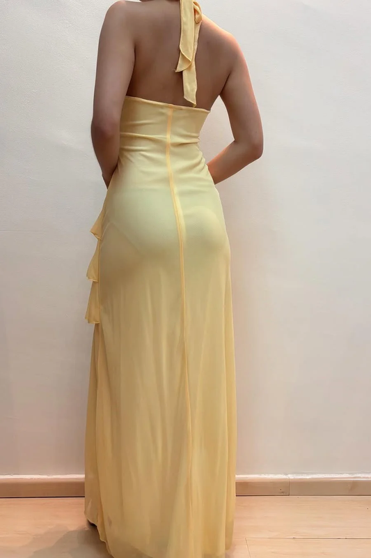 Halter V-Neck Beaded Ruffles Chiffon Sleeveless Prom Dress