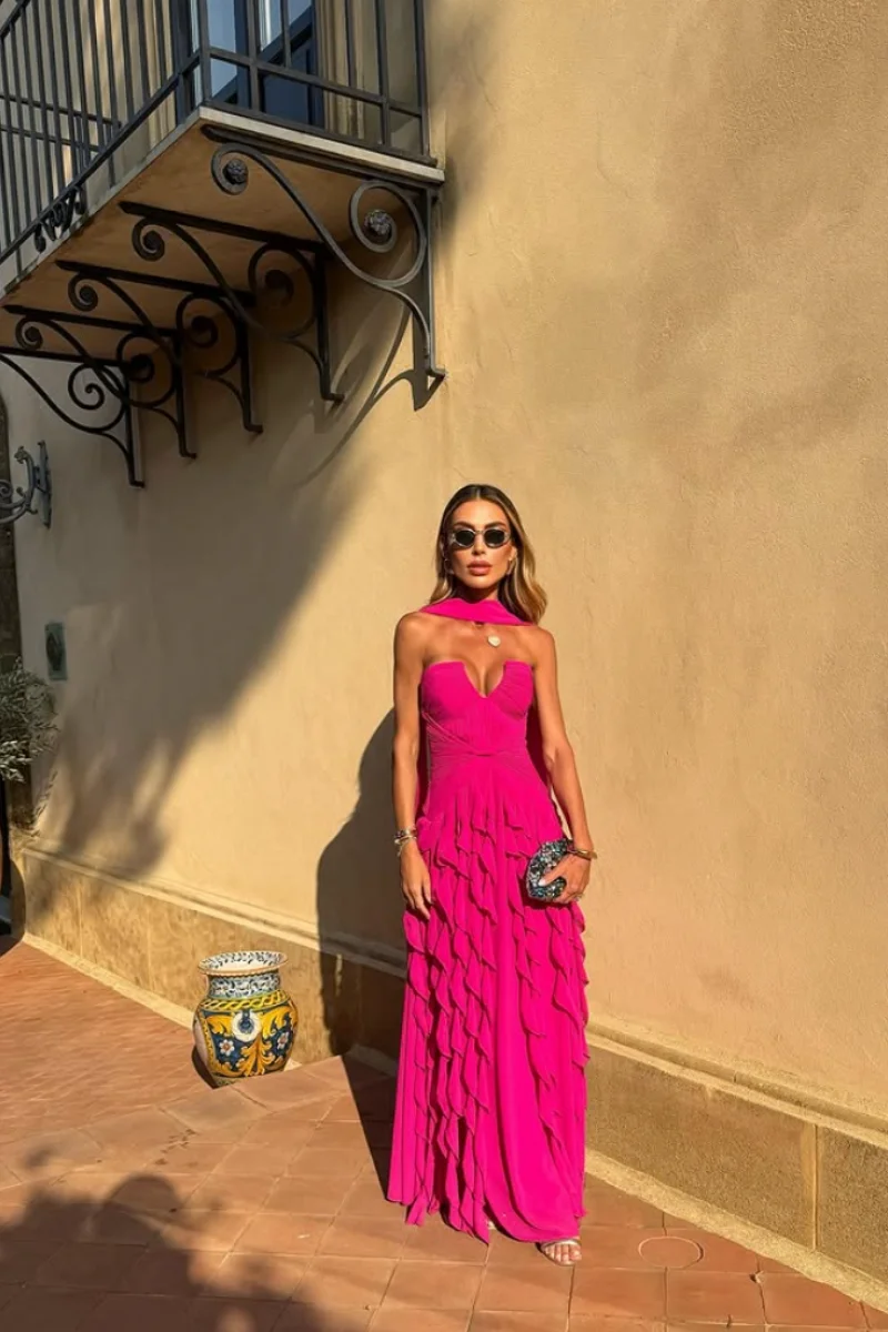 Hot Pink Evening Dresses Handmade Ruffle Layering Prom Dresses Off-shoulder A-line Wedding Party Dresses Customized