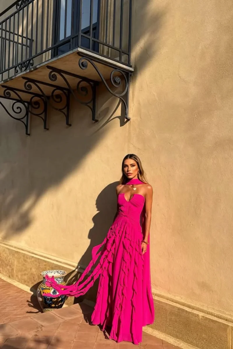 Hot Pink Evening Dresses Handmade Ruffle Layering Prom Dresses Off-shoulder A-line Wedding Party Dresses Customized