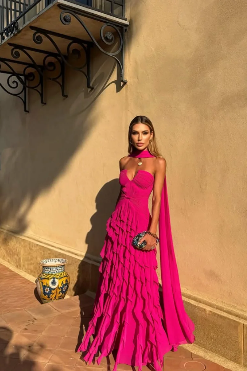 Hot Pink Evening Dresses Handmade Ruffle Layering Prom Dresses Off-shoulder A-line Wedding Party Dresses Customized