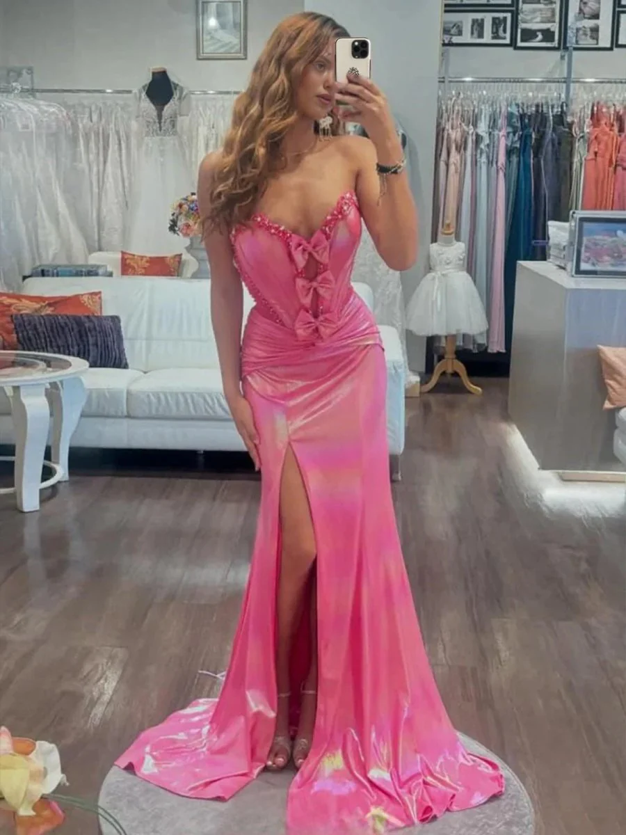 Hot Pink Sweetheart Mermaid Prom Dress with Bowknot