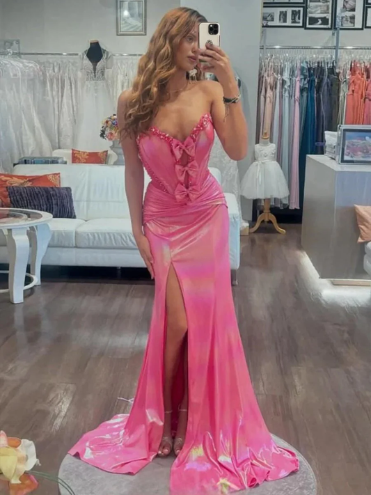 Hot Pink Sweetheart Mermaid Prom Dress with Bowknot