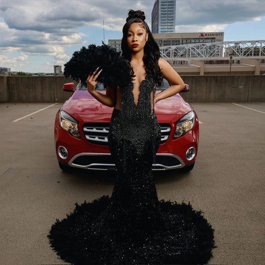 Sexy Mermaid Style Sheer Top Luxury Sparkly Silver Crystals Diamond Black Girls Black Long Prom Dresses