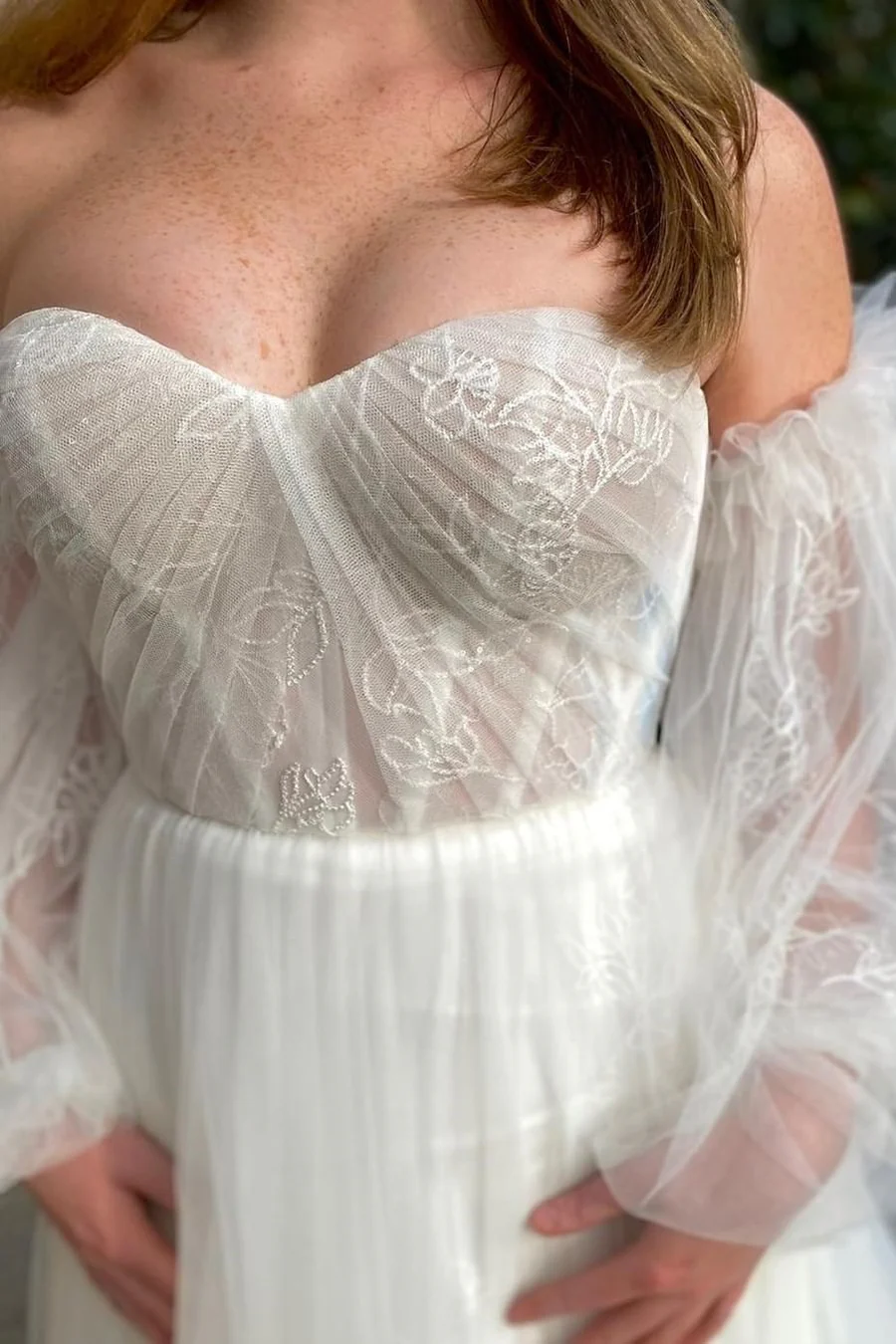 Ivory Strapless Long Wedding Dress with Detached Sleeves