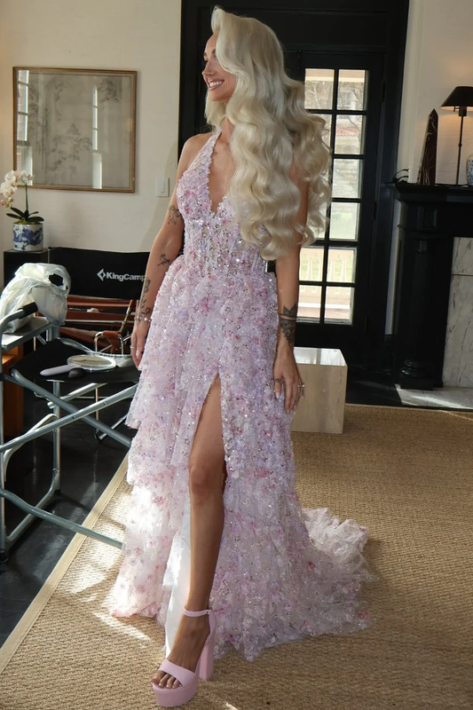 Lavender Halter V-neck Sequin Tulle Ruffles Prom Gown