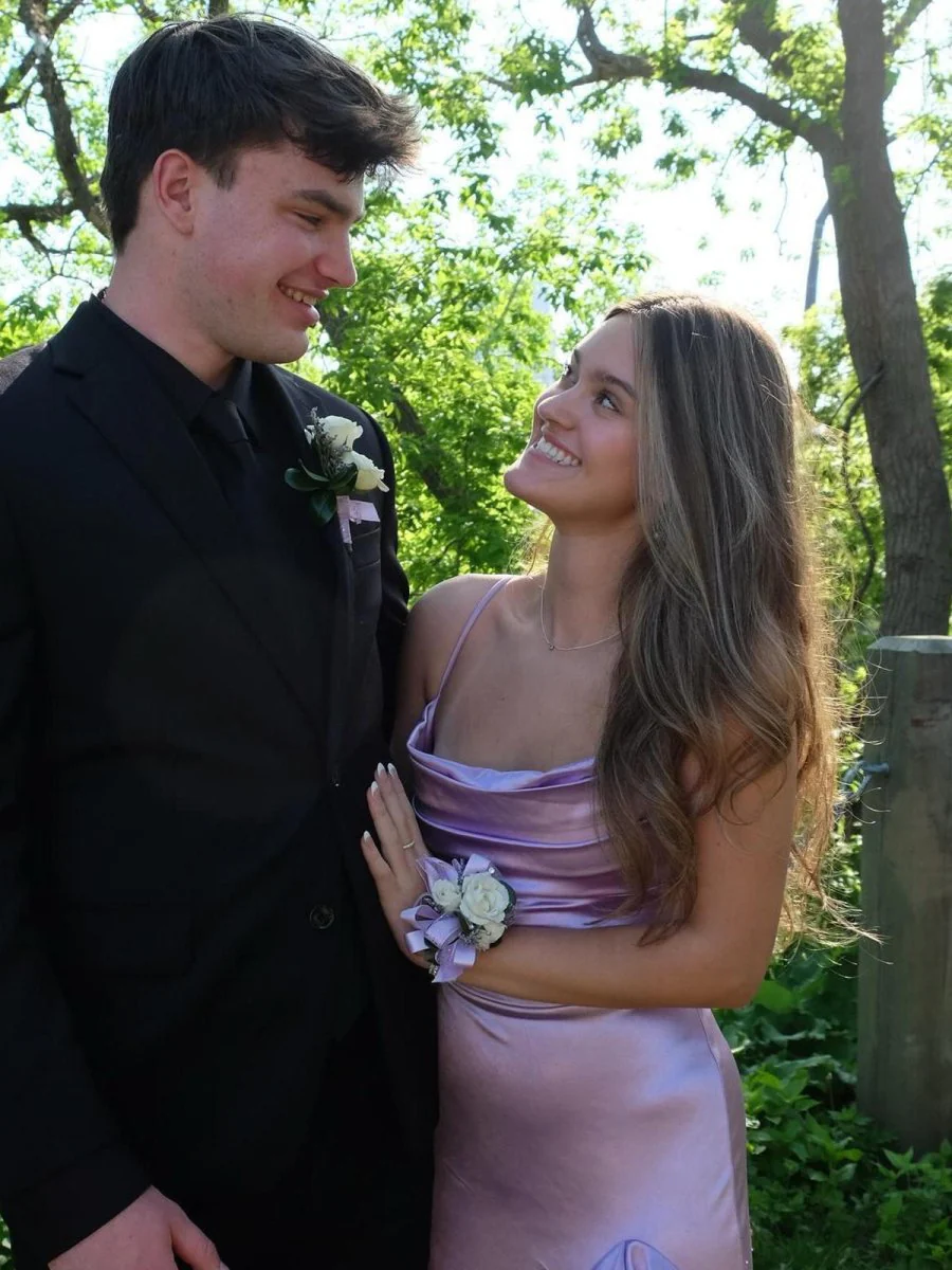 Lavender Mermaid Straps Cowl Neck Satin Long Prom Dress