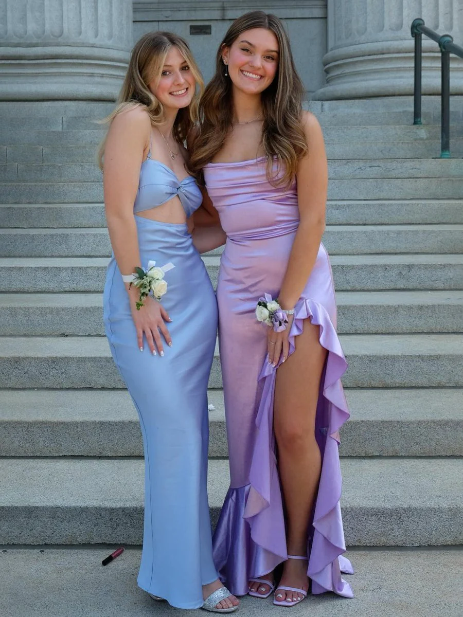 Lavender Mermaid Straps Cowl Neck Satin Long Prom Dress