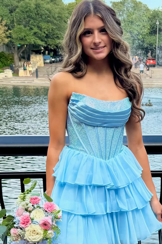 Light Blue Beaded Ruffle Tiered Short Homecoming Dresses
