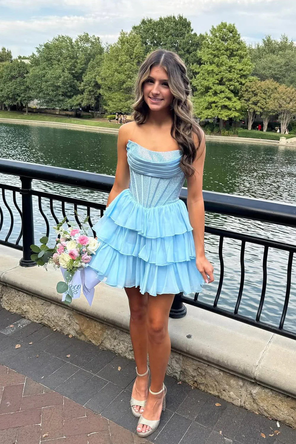 Light Blue Beaded Ruffle Tiered Short Homecoming Dresses